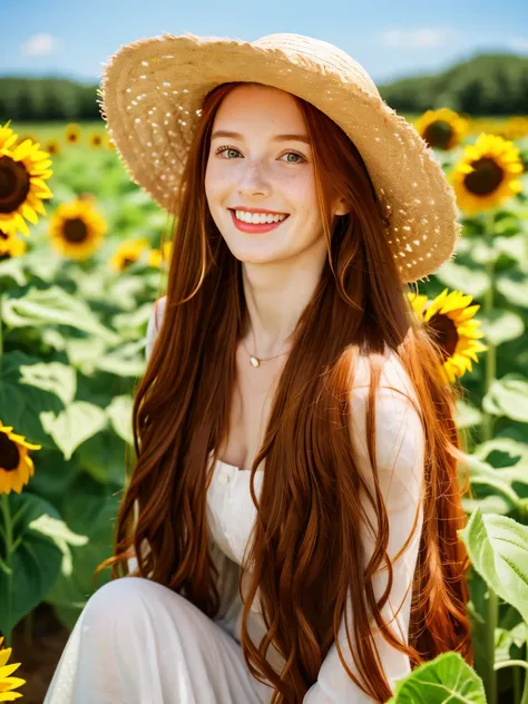 Create a red-haired woman, fair skin with freckles, green eyes and natural red lips, put on a straw hat and farmers clothes, she should be in a field of sunflowers, smiling. Outdoor