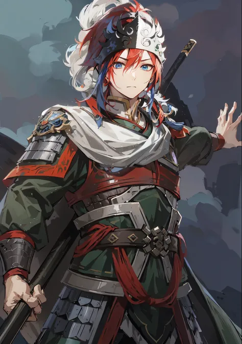 Anime character with red hair and blue eyes holding a spear, Nobutaka Ike, Beautiful androgynous prince, 《Genshin》Keqing, Inspired by Taketoshi Matsumura,  Produced by Anime Painter Studio, confident expression，Mikuni志风格，Mikuni无双风格，Soma Yukihira，Zhao Yun，M...