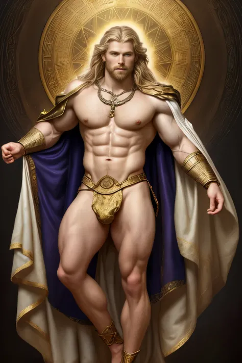 painted portrait of a stout Thor, god of thunder, young greek god, blond windy hair, male, insanely handsome, upper body, muscular, hairy torso, fantasy, intricate, elegant, highly detailed, digital painting, art station, concept art, soft, sharp focus, il...