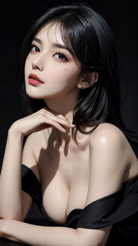 Best Quality, Masterpiece, Perfect Body Beauty, cinematic lighting, black shirt, Highly detailed face and skin texture, Detailed eyes, whitening skin, perfect face, looking at viewer, ((Dark background)), open mouse, straight Bangs, ((mole, make up:1.2)), ...