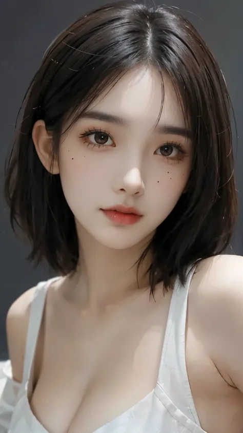 Best Quality, Masterpiece, Perfect Body Beauty, cinematic lighting, black shirt, Highly detailed face and skin texture, Detailed eyes, whitening skin, perfect face, looking at viewer, ((Dark background)), open mouse, straight Bangs, ((mole, make up:1.2)), ...