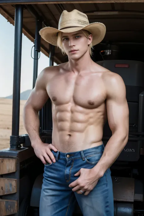 30 year old man，Beautiful blonde，Jeans，no shirt, Work in the field, ardent, suntan, Tractor driver, Cowboy on the Ranch，in a hat,（detailed eyes：1.3），BazleColor Eye，full bodyesbian