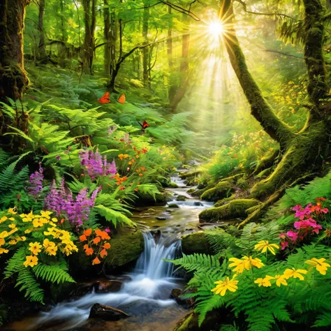 Step into the heart of the forest, where sunlight filters through the lush canopy above, dappling the forest floor with golden rays. Vibrant wildflowers carpet the ground in a riot of colors, their delicate petals swaying gently in the breeze. Towering tre...