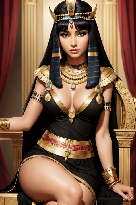 Cleopatra, Egyptian, Queen, Egyptian Queen, dress, black hair, gorgeous, sitting on throne, most beautiful woman alive, naughty, lewd, high cheekbones, defined face, 