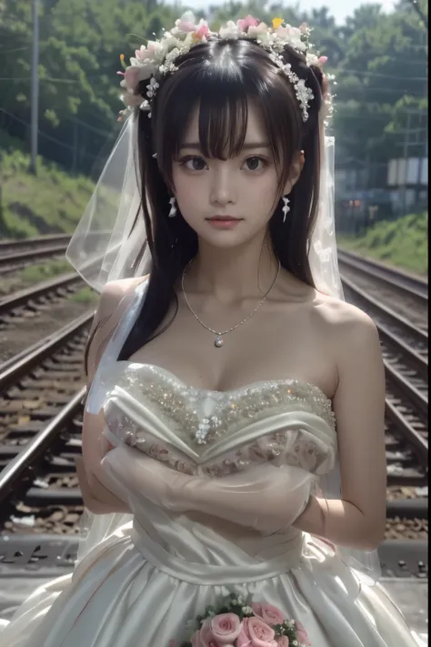 (((Pixel perfect, Perfect details))), alone, 1 girl,bride, yuigahama yui, Keep your mouth shut,pink glossy lips,bride子穿著bride禮服的特写,Gurwitz, (((bride頭紗))),(Transparent short veil),blush,eye shadow,Blushing face,Head flower,headgear,((bouquet)),((((tube top ...