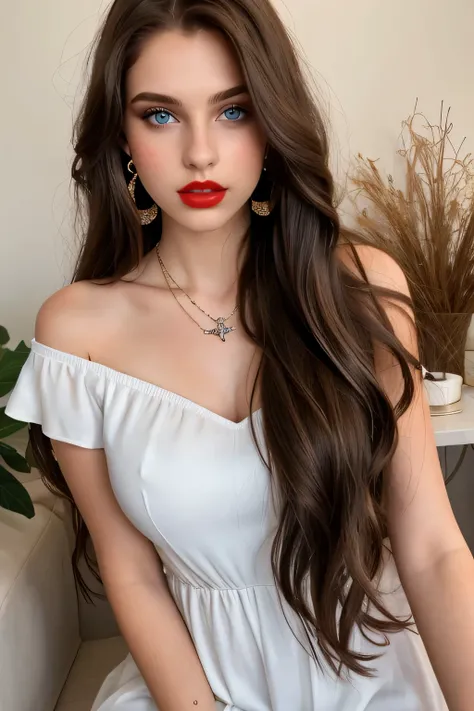 1 girl in, age 18, Solo, Model, Long hair, Colossal , 
looks at the viewer, 
brunette hair, Bare shoulders, Brown eyes, jewelry, red lips, 
big lips,Full body, a necklace, earrings, off shoulder,  Realistic, AI sexy