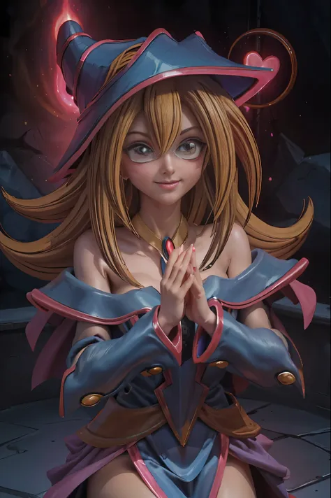 dark magician gils en el aire, she comes out of a magic circle of the heart. magic hearts background. sonrisa en sus labios. ojo...