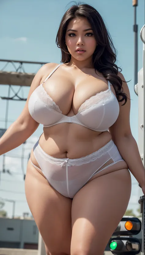 240 lbs bbw malay, hyper big breast ,(( high waist white cotton underwear)), fresh colour dominant,  lighting ((#FEE3D4 skin color) (microfiber underwear) Rapunzel hairs, traffic lights, busty bra