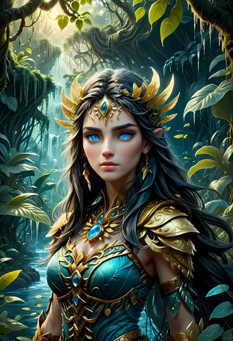 high details, best quality, 16k, [ultra detailed], masterpiece, best quality, (extremely detailed), dynamic angle, ultra wide shot, RAW, photorealistic, fantasy art, realistic art, a female druid (intricate details, Masterpiece, best quality: 1.5) in a jun...