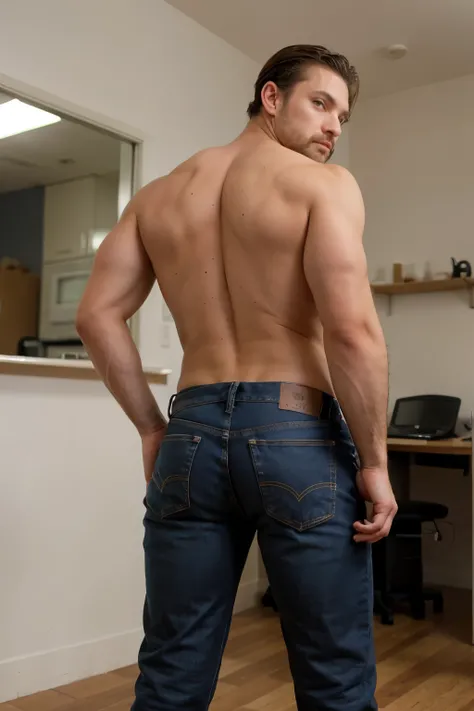 Mature muscular manly man,short beard, 35 years old, full length, naked navy jeans, backside, muscular Bubble butt