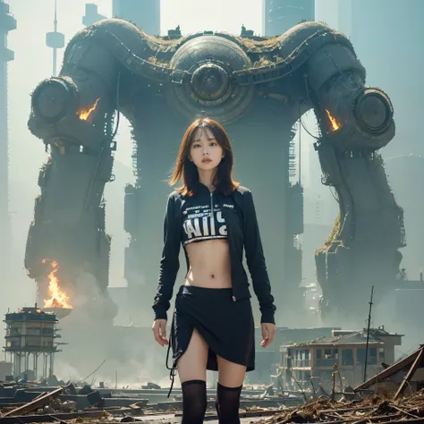 (highest quality、4k、8K、High resolution、masterpiece: 1.2)、Super detailed、(genuine、photogenuineistic、photogenuineistic: 1.37)、Destruction of a Great City、(A woman with telekinesis stands in front of a mech controlled by the invaders:1.37) 、(Women are young a...