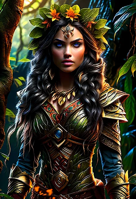 high details, best quality, 16k, [ultra detailed], masterpiece, best quality, (extremely detailed), dynamic angle, ultra wide shot, RAW, photorealistic, fantasy art, realistic art, a female druid (intricate details, Masterpiece, best quality: 1.5) in a jun...