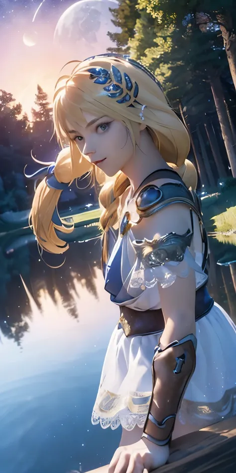 (masterpiece, best quality:1.3), Sophitia Alexandra, Soul Calibur, (cinematic angle:1.5), anime, 28 years old, look at viewer, gold hair, braid hair, (there is a beautiful night with a lake and trees in the background, colorful skies, surreal colors, color...