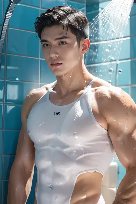 ((Man in the shower, Bubble bath, foamy)), Male, Tik, ,swim trunkusculature，short detailed hair。frontage，Sun-protective clothing，chest muscle，Abs