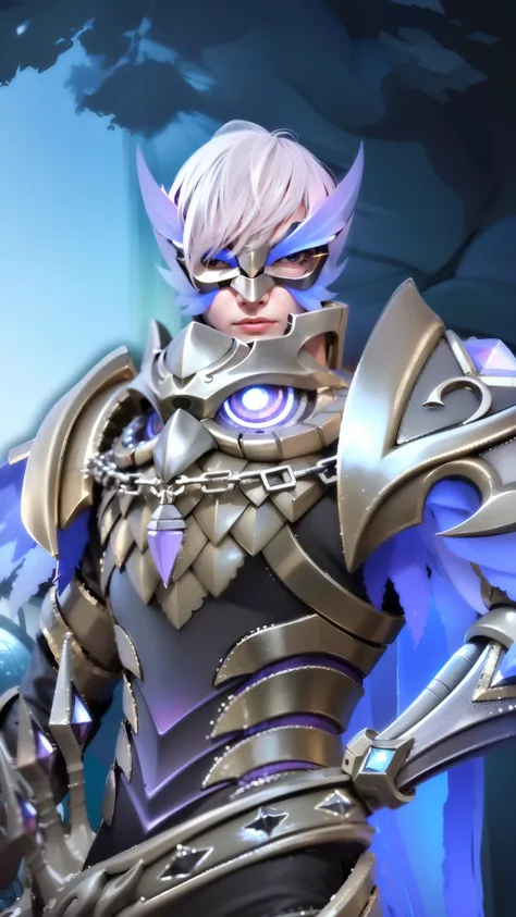 a close up of a boy in a costume with a mask, sliver ice color reflected armor, shinning armor, ice crystal armor, ice lord, grimdark paladin, wearing thunder armor, crystalline skin, wearing diamond armor, clothed in ethereal armor, ice mage, warrior plat...