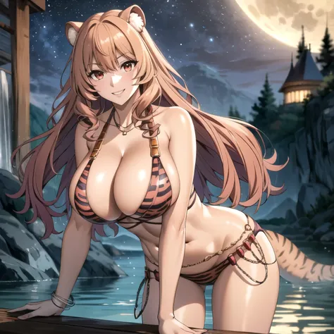 Raphtalia, atractiva mujer. orejas de oso, cabello naranja brillante, red eyes like rubies, pechos grandes, bikini naranjo con de tigre, accesorios, sonrisa, pechos grandes, alta calidad. fondo un lago. de noche. luna llena.