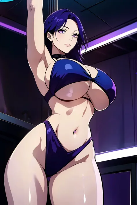 An anime-style artwork depicting acheron from the game Honkai star rail.

Tags: acheronhsr, anime, detailed eyes, detailed lips, black crop top, tight bikini, smiling expression, intense gaze, glowing emblem on hand, dynamic pose, indoor, nightclub, pole d...