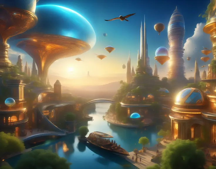 ((landscape)), bird's eye view, (((fantasy science))), magic city, scientific architecture, mystical energy, magic particle, sci...