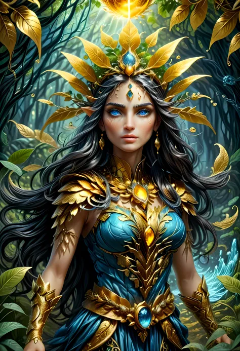(gold leaf art: 1.5) high details, best quality, 16k, [ultra detailed], masterpiece, best quality, (extremely detailed), dynamic angle, ultra wide shot, RAW, photorealistic, fantasy art, realistic art, a female druid (intricate details, Masterpiece, best q...