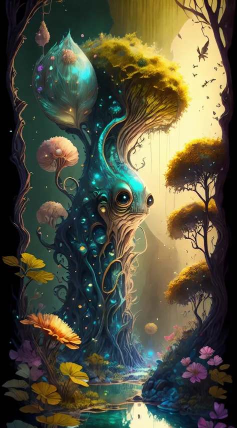 in a magical forest of lush idyllic, exotic green plants and lush flowers, Crystal clear water leaks: 1.2, Small creature with features of a mushroom and an octopus on top, Beeple and Jeremiah Ketner, an alien mushroom with tentacles, very beautiful and cu...