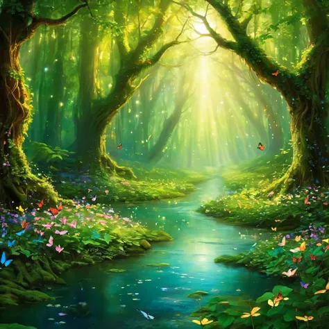 Step into a forest straight from the pages of a fairy tale, where every corner holds a secret waiting to be discovered. Enormous trees stretch towards the sky, their twisted branches forming intricate archways adorned with trailing vines and luminous bloss...