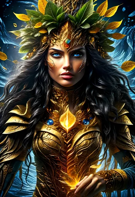 (gold leaf art: 1.5) high details, best quality, 16k, [ultra detailed], masterpiece, best quality, (extremely detailed), dynamic angle, ultra wide shot, RAW, photorealistic, fantasy art, realistic art, a female druid (intricate details, Masterpiece, best q...