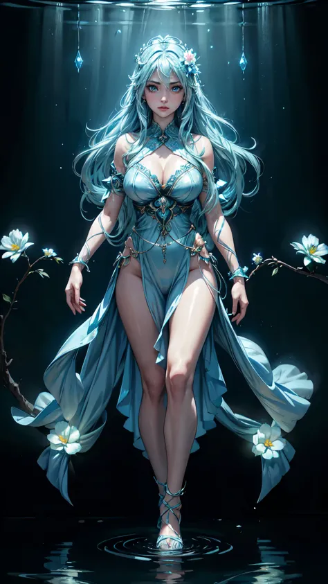 Water Goddess、A beautiful goddess with long light blue hair who freely manipulates water、Combat stance、​masterpiece、realisitic, detailed eyes, detailed hands, detailed face, neon flowers, water,lights, full body