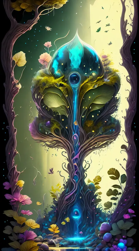 in a magical forest of lush idyllic, exotic green plants and lush flowers, Crystal clear water leaks: 1.2, Small creature with features of a mushroom and an octopus on top, Beeple and Jeremiah Ketner, an alien mushroom with tentacles, very beautiful and cu...