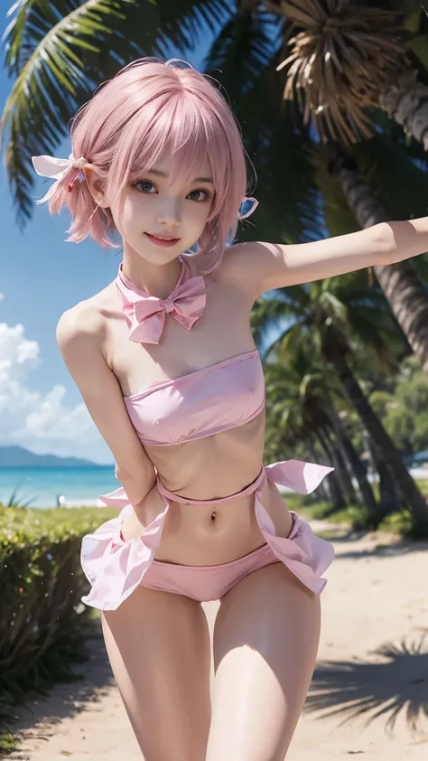 girl, goblin, smile of great joy，beautiful and moving，(((flat chest))),Do a dynamic dance、How to attach the painted ear band、((((thin arms、thin waist、slender upper body、thin thighs、thin lower body))))、medium long hair、(((pink hair)))、tropical sandy beach、D...