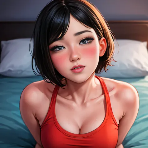 Sexy woman, short bob hairstyle, seductive gaze, blushing intensely, parted lips, desperate, flustered, lustful, orange t shirt, on bed