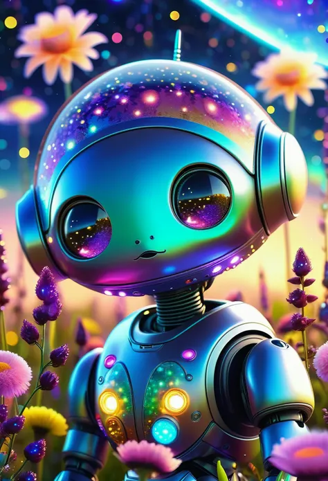 Cute little robot, flowers and light, beautiffu baby face style, colorful sequins, another world, more random details, another planet, bright starry sky, alien vegetation, oil rendering, live photos, picturesque style with lots of details, small lights of ...