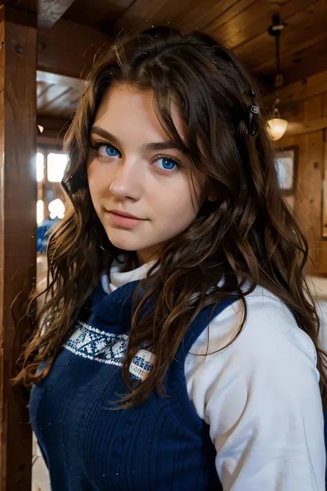 big blue eyes, hungarian 18 year old girl, wavy hair, big , at ski lodge