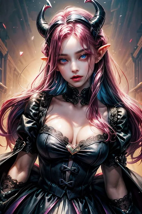 Black and pink hair, blue eyes, gradient hair, undercut, ribbon, horns, demon horns, forehead jewel, hair bobbles, heart hair ornament, heart-shaped pupils, glowing eyes, pointy ears, heart in eye, oral invitation, male, masterpiece, ccurate, super detail,...