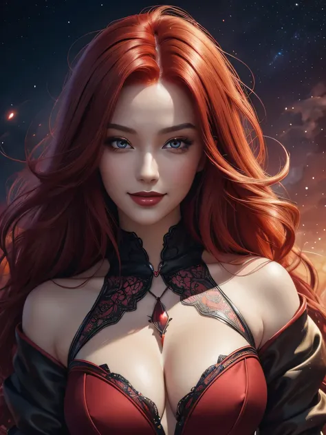 Portrait, beautiful woman with vivid red hair hair and a silky red dress, hourglass figure, symmetrical figure, highly detailed face, beautiful face, calming black eyes, lush red lips, smiling, alluring, stunning digital illustration, cosmic fantasy backgr...