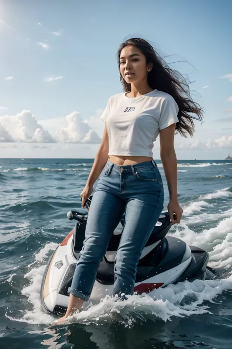 beautiful Indonesian woman with ideal body, 26 years old, wearing jeans trousers and a plain t-shirt riding a jet ski in the water, ð¤¬ ð¤® ð ð, 2 0 2 0, 2022, 2020, 2 0 2 2, 2021, 2 0 2 1, riding the wind and waves, shooting, ð¹ï¸ ð ð¬, f 2. 0, having fun