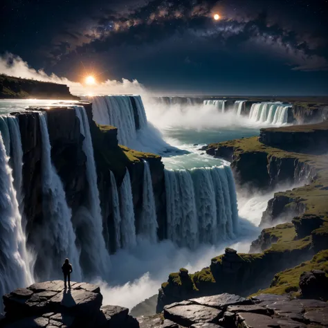 Masterpiece, (total eclipse of the sun:1.2), As the suns embrace yields to the moons shadow, Niagara Falls plunges into a cosmic ballet. Darkness envelops the cascades, veiling them in an ethereal mystique. Surreal light dances upon the waters, casting spe...