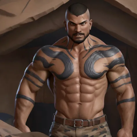 (masterpiece, best quality:1.2), 1boy, solo, (cowboy shot), inside desert camouflage colored tent, (standing at attention), brunette hair, (buzz cut hair), powerful pecs, huge biceps, pectoral, huge pectoral, wide pectoral, six pack abs, camouflage pants, ...