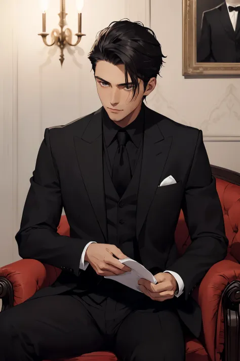 A handsome dark-haired young man，Sitting in a small living room，Wearing a black suit，Looking intently at the envelope in his hand。Tranquility，Soft lighting，The young man&#39;s face is calm and firm，The envelope is printed with exquisite patterns，Mysterious...