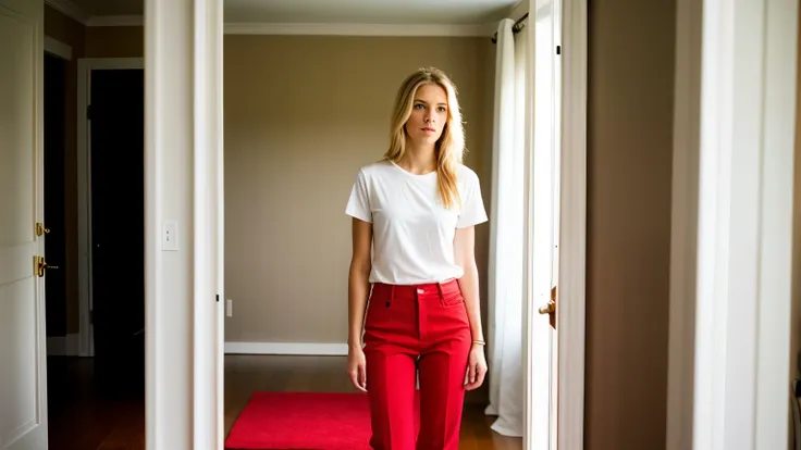 full body beautiful, blonde woman, long hair, very thin legs, frustrated, looked in the mirror, white pants, red shirt, light shadows, cinematic taking