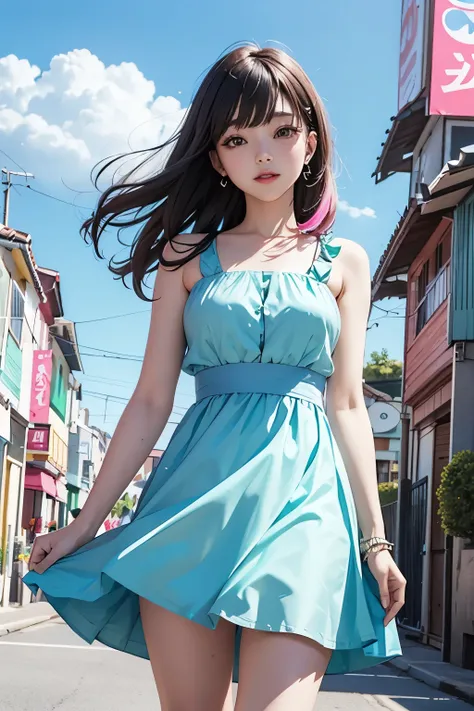 Arapé girl wearing a pastel multi-colored dress in front of a colorful background, official artwork, still promotion, official art, Photo shoot, Promotional photos, Aya Takano Color Style, Chiho, Promotional art, promo shot, colorful photos, promo still, P...