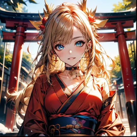 ((Light brown long hair:1.9, wavy hair:1.6, asymmetrical hair:1.8, half up hair)), (shining blue eyes:1.4)beautiful, beautiful woman, perfect anatomy, perfect body, perfect breasts, ((kimono:1.8, choker:1.6)), ((Japan gardens in winter:1.98, torii)), capti...