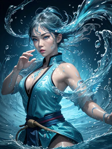 ultra detailed, complex illustration, an asian water bender surrounded by water spouts, magical scene, dynamic pose, floating, asian woman with blue eyes, art by MSchiffer, water drops, magical glow, fantasy art, surreal, detailed glossy lips, ((martial ar...