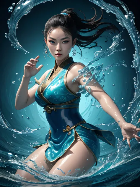 ultra detailed, complex illustration, an asian water bender surrounded by water spouts, magical scene, dynamic pose, floating, asian woman with blue eyes, art by MSchiffer, water drops, magical glow, fantasy art, surreal, detailed glossy lips, ((martial ar...