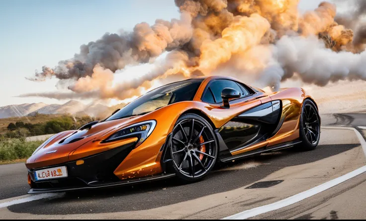 a mclaren p1 gt, in deep carrot orange, burns rubber on an open highway, leaving behind a plume of white smoke as it drifts, cap...