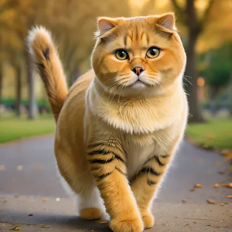 A golden Scottish Fold cat walking in the park、Healthy walking