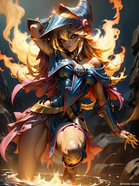 dark magician gils en llamas. cabello de llamas. ojos azules. labios rojos. pose sensual. fondo de infierno. she&#39;s on fire a...