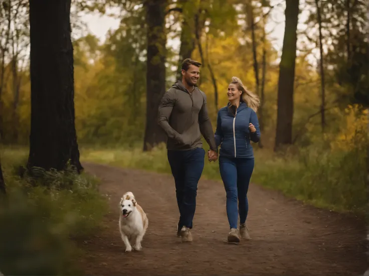 healthy lifestyle, a couple walking their dog, both are wearing gym clothes, they are very happy, perfect image without any defects, clear image.