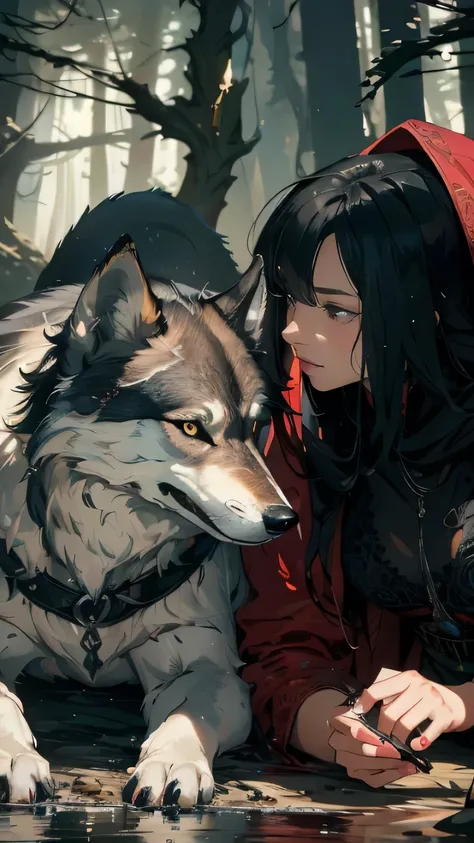 (masterpiece), best quality, expressive eyes, perfect face,

Image: A woman in a hoodie laying next to a wolf, both with long black hair, in a hyperrealistic style with Pixar colors. The image should be hyper detailed, intricately detailed, and fantastical...