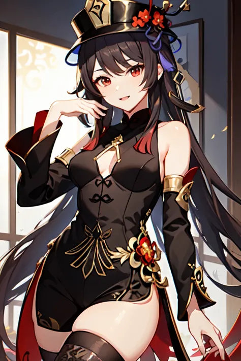 (1 sexy anime girl),(genshin impact),(Hu Tao),(long brown hair),(red eyes),(clothes: A colored blouse with long sleeves and open on the shoulders),(the blouse has details gold details and neck closure), (tight black shorts up to the thighs), (black belt wi...