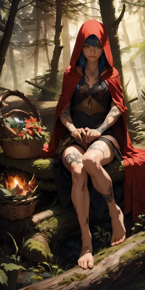 (masterpiece), best quality, expressive eyes, perfect face,

Image: A woman with tattoos sitting on a log in the woods, barefoot, wearing a signature red hood, with crossed legs, surrounded by nature. She is cloaked and carries a basket. The scene is set i...